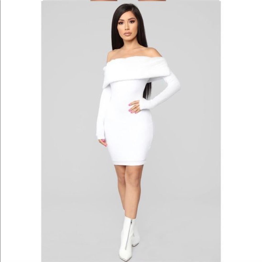 Fashion Nova White Faux Fur Long Sleeve Dress
